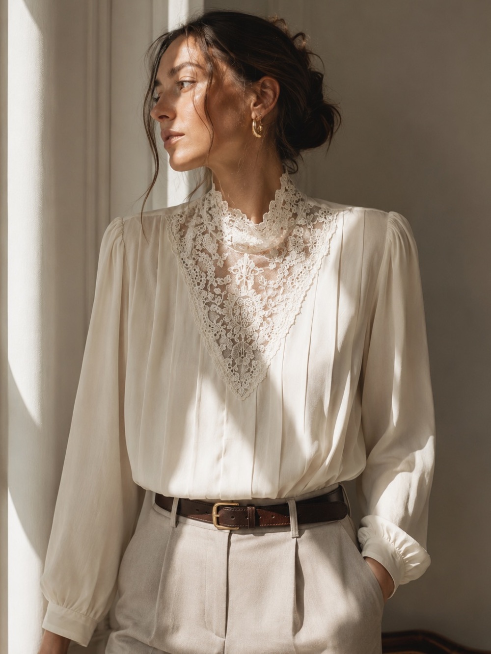 Vintage Victorian Lace Blouse | High Neck Semi-Sheer Secretary Top Romantic